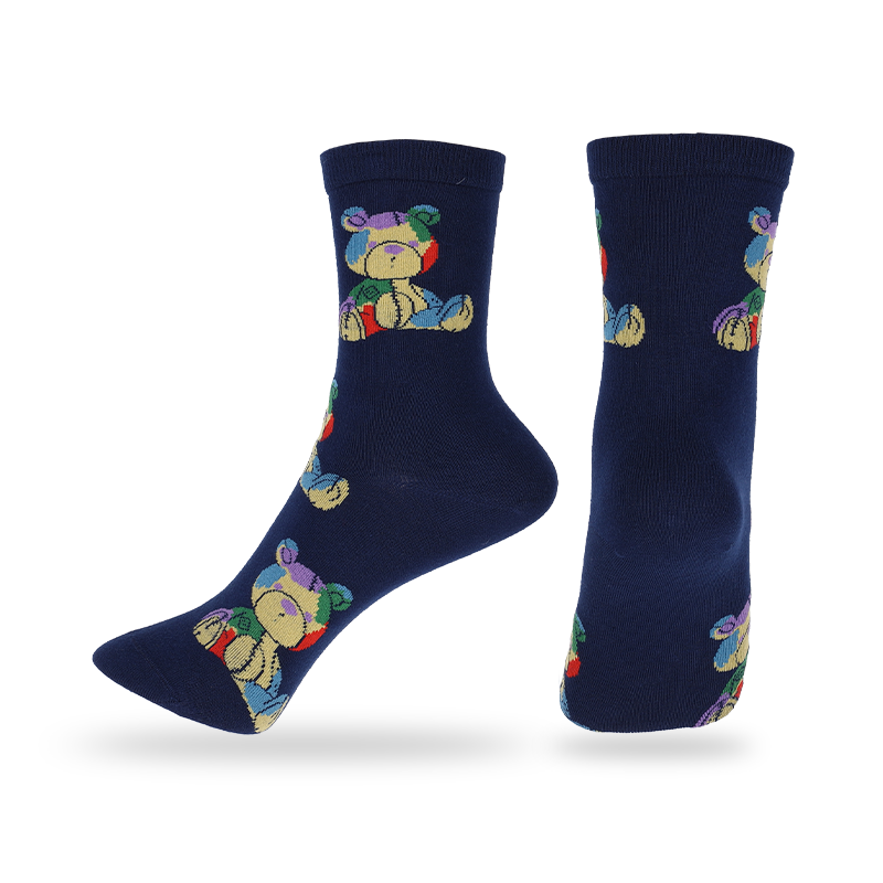 优质全棉日韩秋冬女袜熊图案提花的舒适无感缝头时尚女士统袜