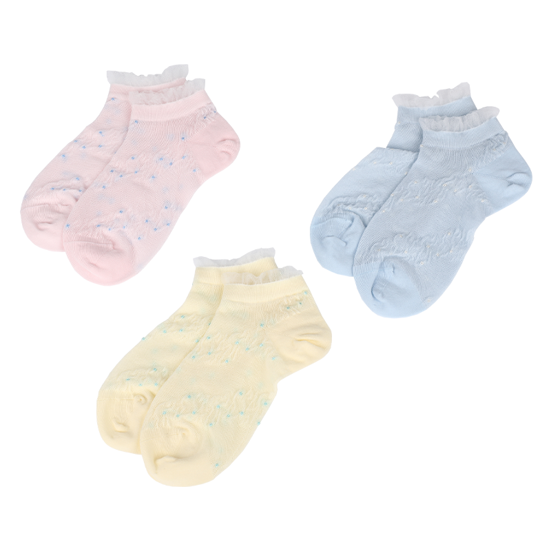 GOTS认证有机棉凸起提花花型新颖针织花边网眼夏季薄款舒适无骨无感手缝儿童袜